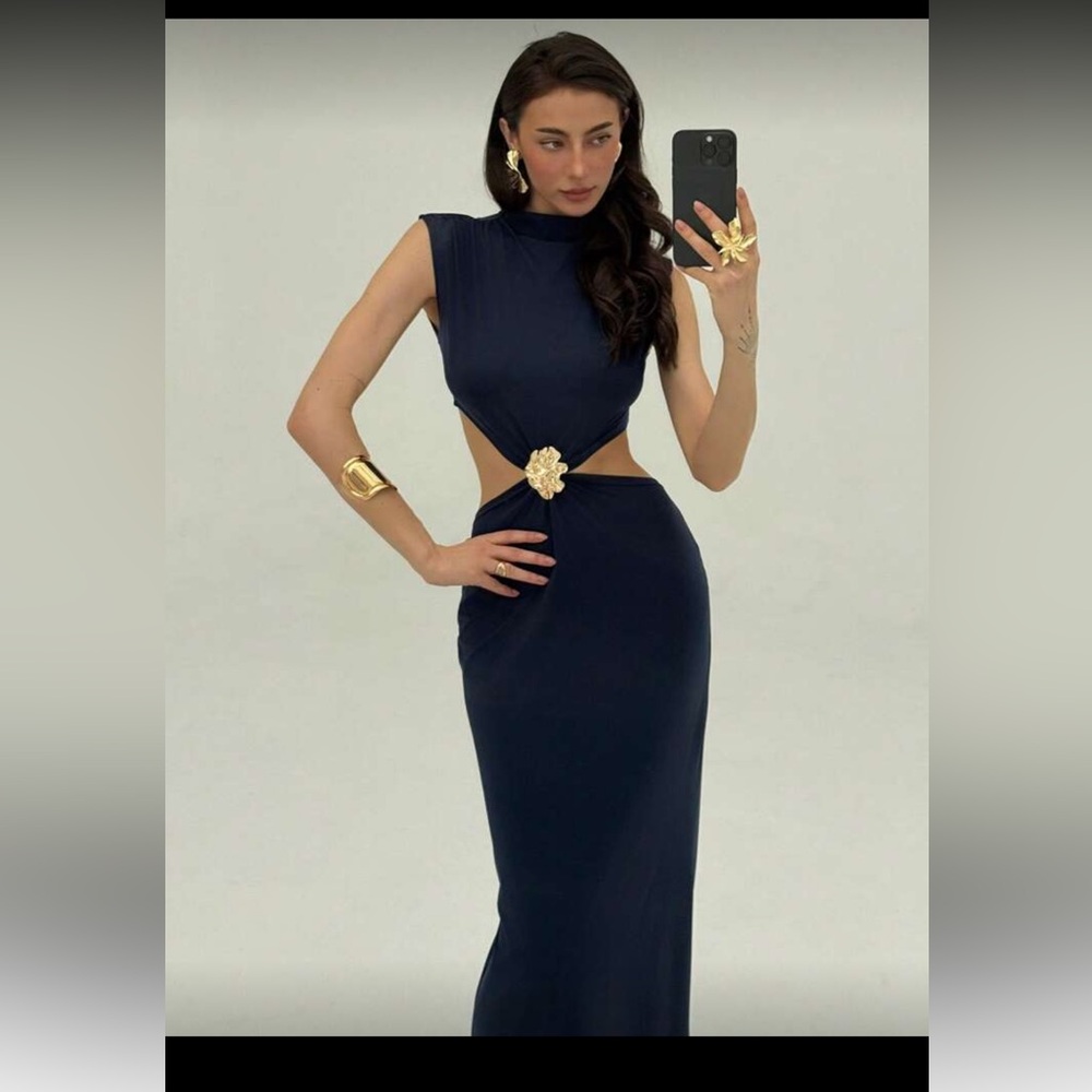 Cutout Evening Gown with Gold Detail